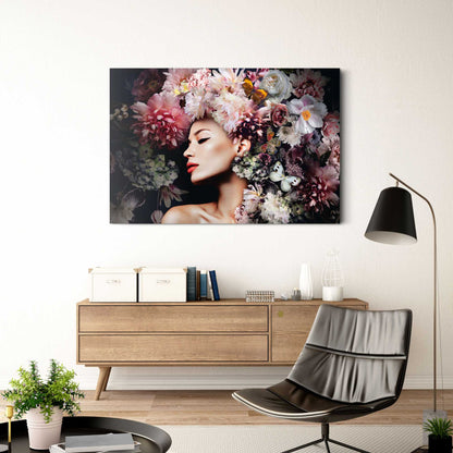 Glasbild Frau mit Blumenhut 78x116