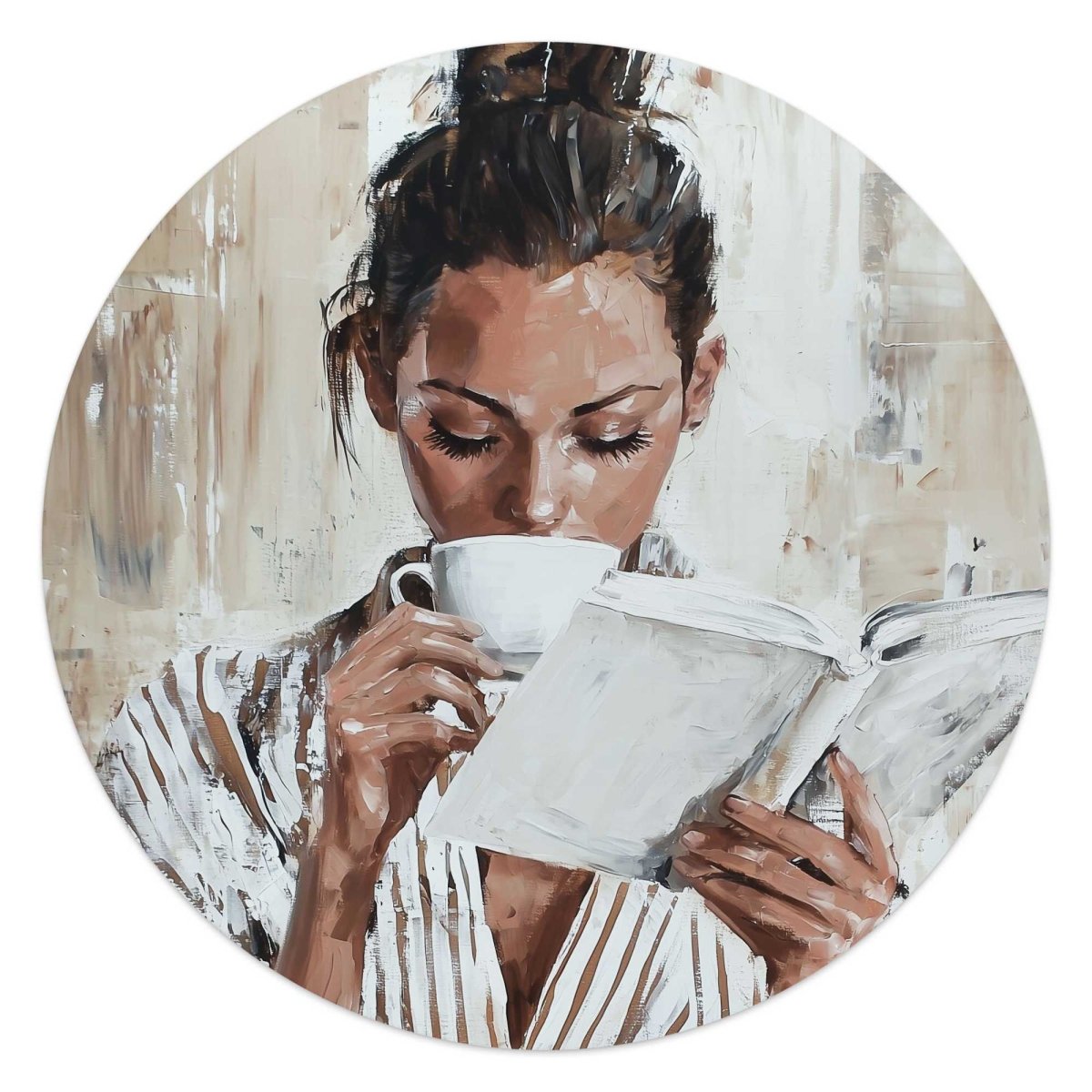 Glasschilderij Ochtendkoffie met een Boek I 50 Rond - Reinders