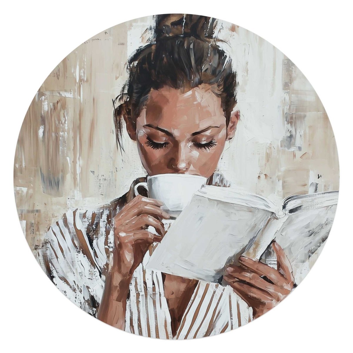 Glasschilderij Ochtendkoffie met een Boek I 70 Rond - Reinders