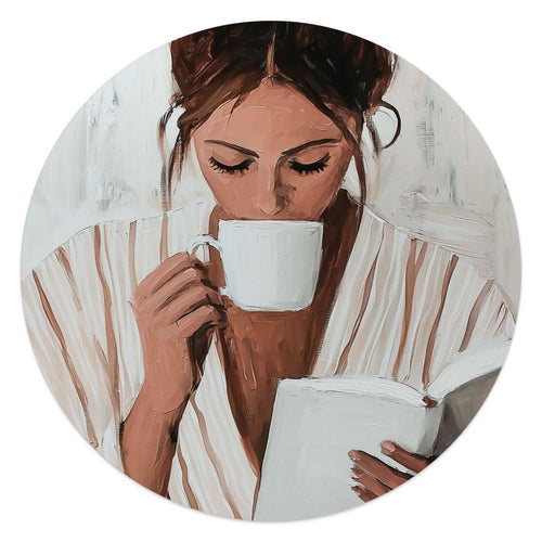 Glasbild Morgenkaffee mit einem Buch II 50 Rund