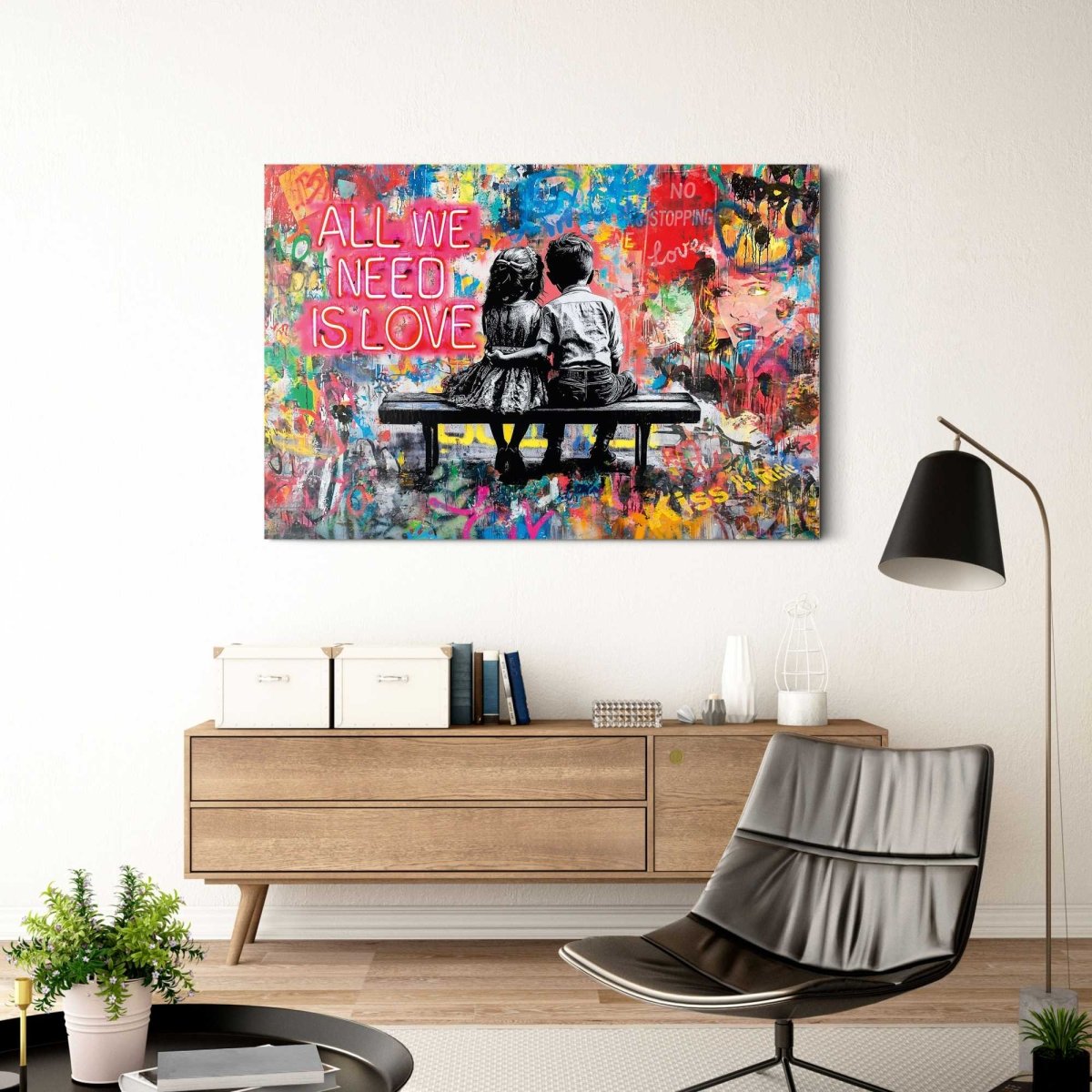 Glasschilderij Street art all you need is love 78x116 - Reinders