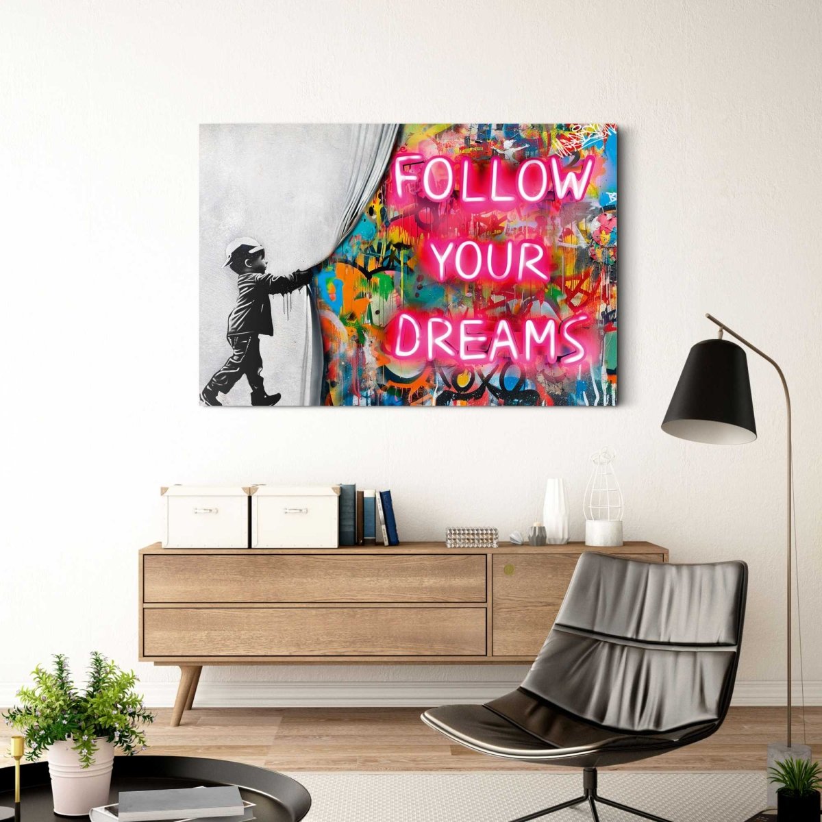 Glasschilderij Street art follow your dreams 78x116 - Reinders