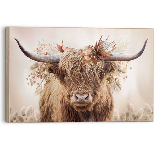 Wandbild Highlander in Blumen 90x60